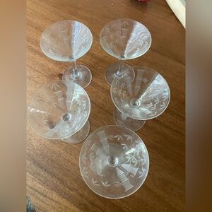 Set 5 Elegant Wine/Champagne Glasses Crystal Flared Paneled Optic Bamboo  Etch